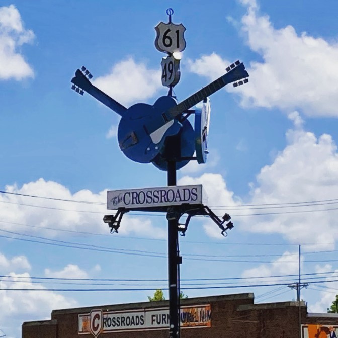 The Crossroads sculpture at intersection of highways 61 and 49.