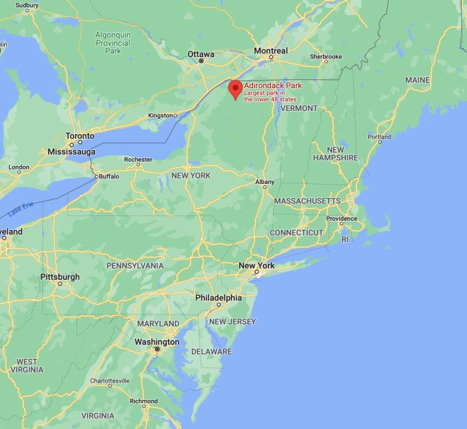 Map of northeastern United States, with red pin in location of Adirondack State Park.