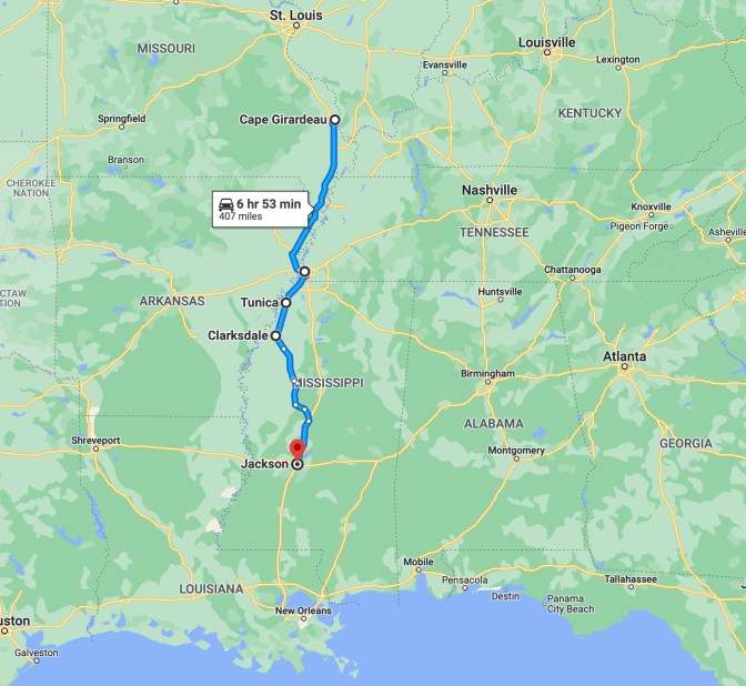 Map of southern central United States, with blue route running from Cape Girardeau, MO to Jackson, MS.