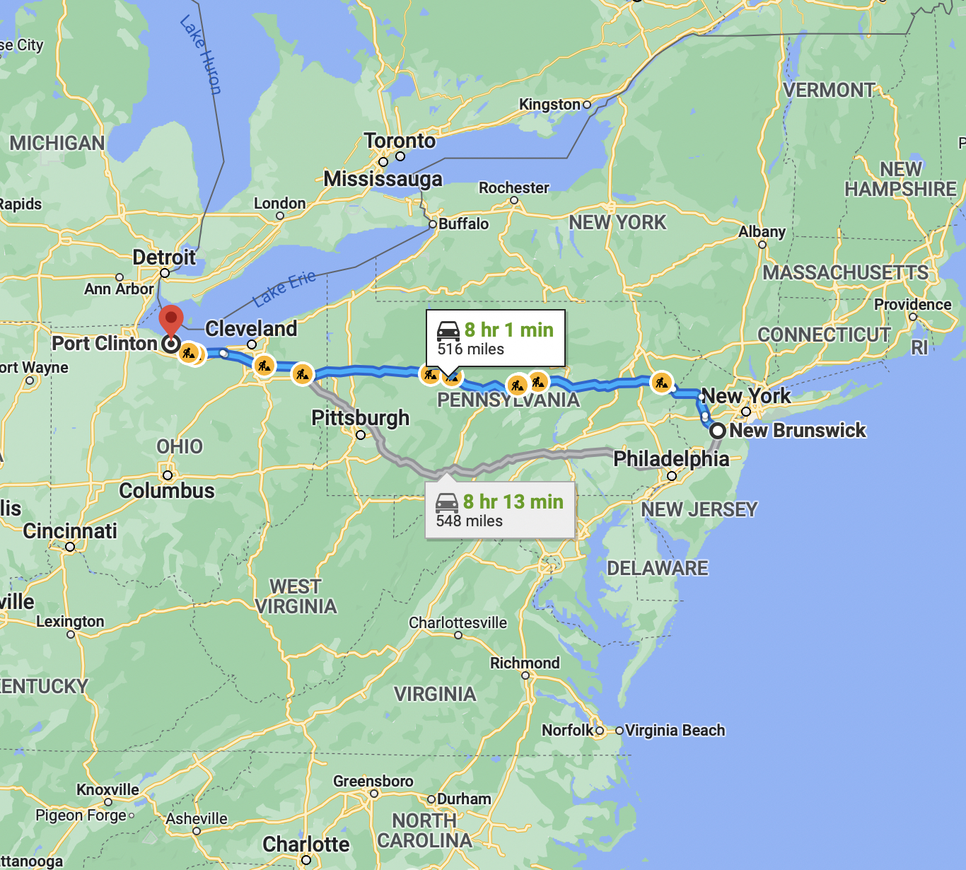 Map of eastern United States, with blue route line from New Jersey to Port Clinton, Ohio.