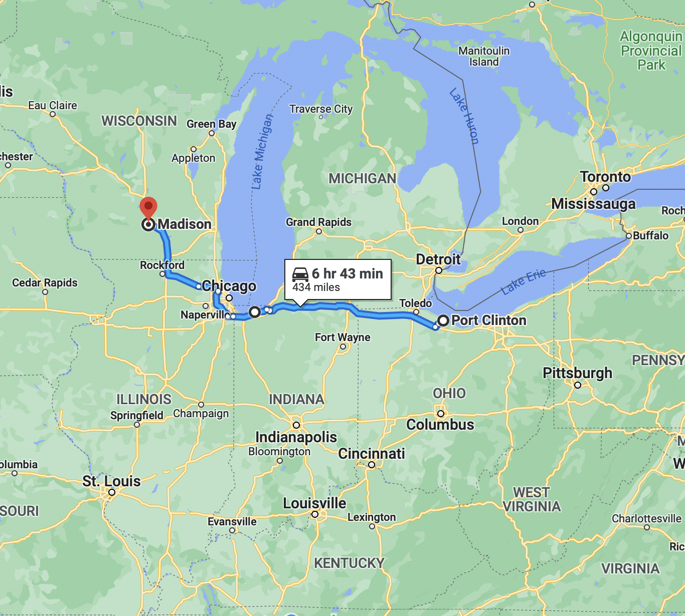 Map of central United States, with blue route running from Port Clinton, Ohio to Madison, Wisconsin.