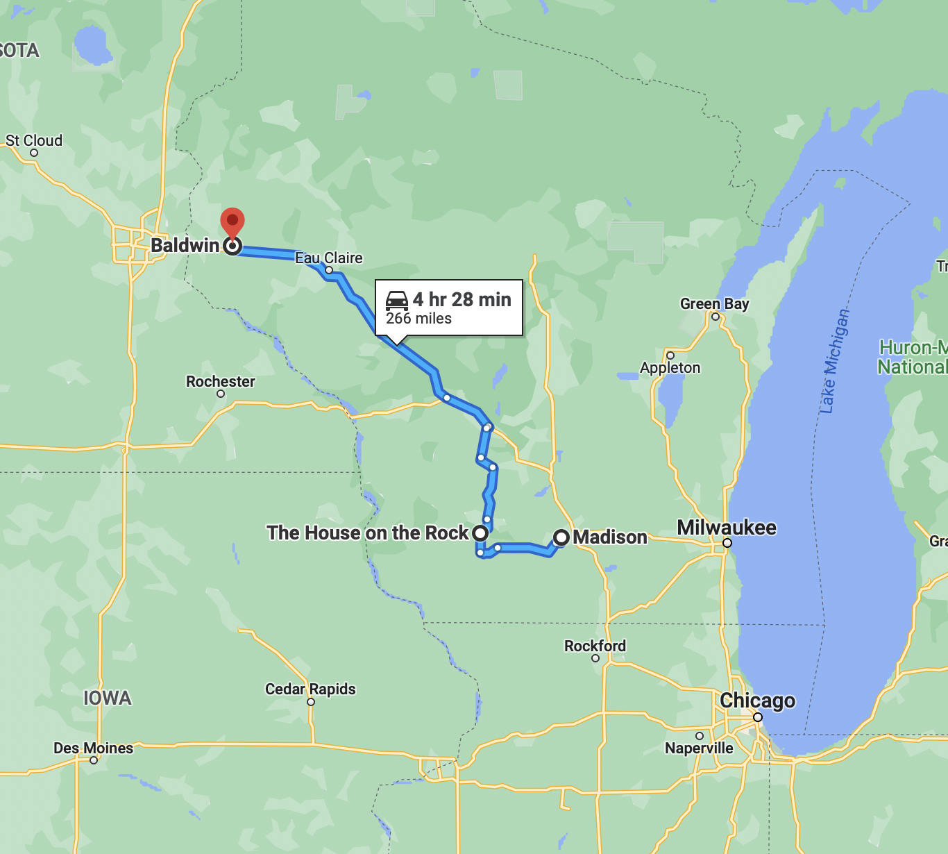 Map of Wisconsin, with route from Madison to House on the Rock to Baldwin.
