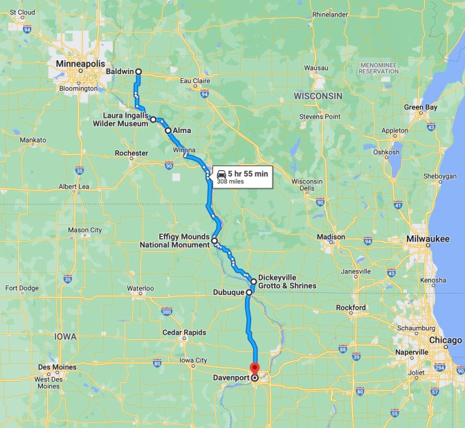 Map of upper Midwest, with blue route line from Baldwin, Wisconsin to Davenport, Iowa.