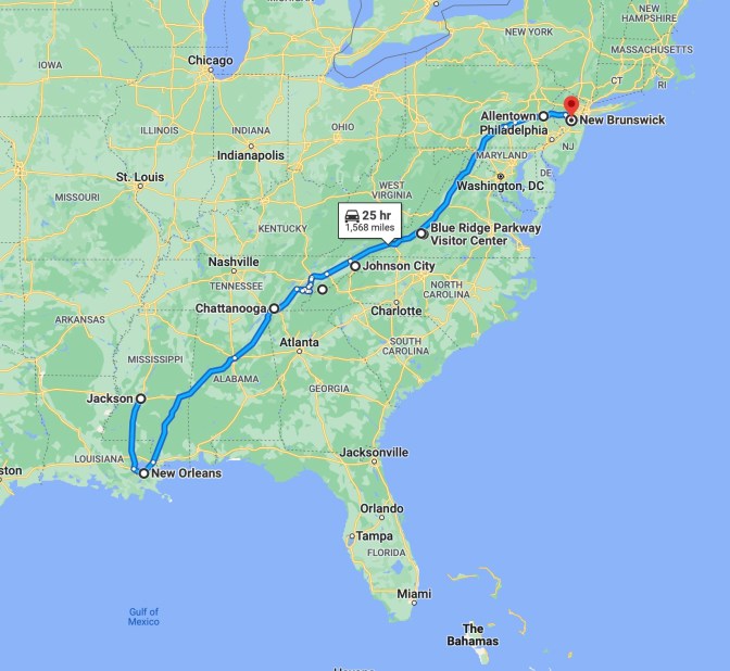 Map of eastern United States, with blue route line running from Jackson, MS to New Orleans, LA, and then northeast to NJ.