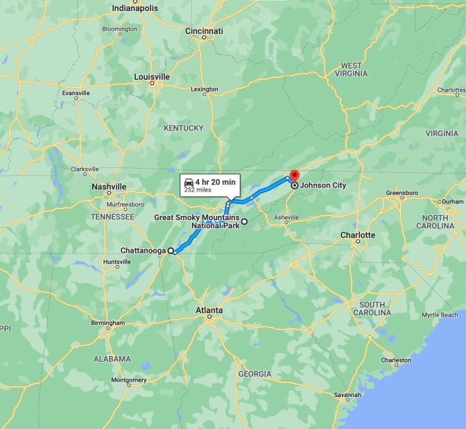 Map of Tennessee, with blue route line running from Chattanooga to Great Smoky Mountains National Park to Johnson City.