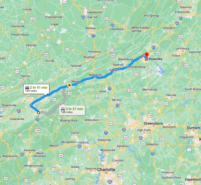 Map of Tennessee and Virginia, with blue route running from Johnson City, TN to Roanoke, VA.