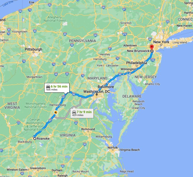 Map of central Atlantic region of United States, with blue route line running from Roanoke, Virginia to New Brunswick, New Jersey.