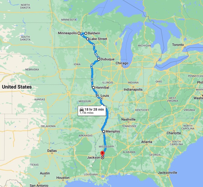 Map of central United States, with blue route running from Minneapolis, Minnesota to Jackson, Mississippi.