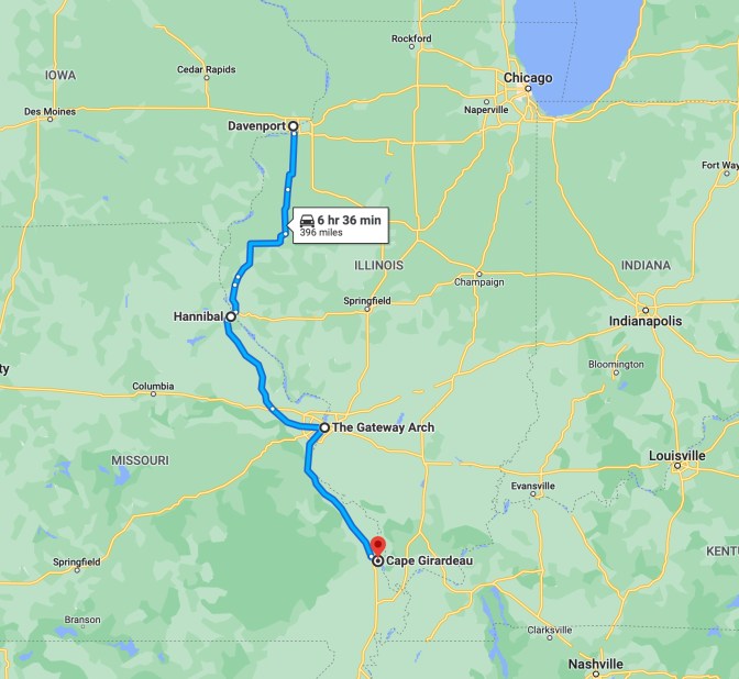 Map of central United States with route running from Davenport, Iowa to Cape Girardeau, Missouri.