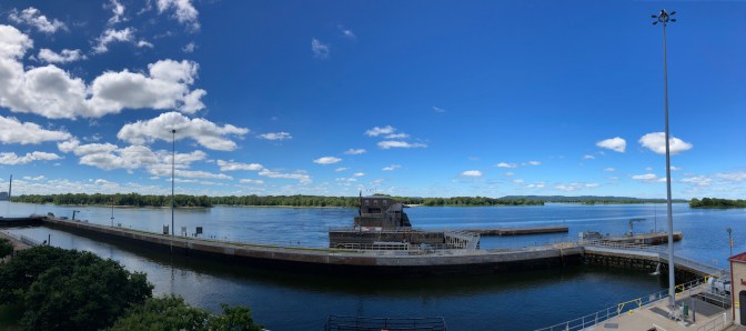 Panorama of lock and dam along Mississippi.
