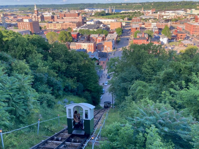 View of cable cars on tracks.