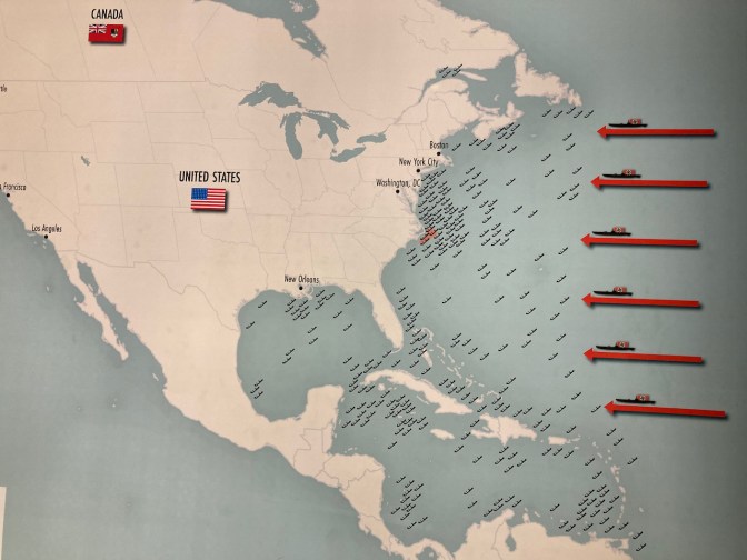 Map of United States, with indicators of ships sunk off coast by German U-Boats.