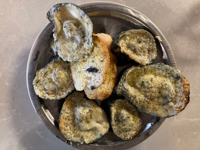 Platter of chargrilled oysters.