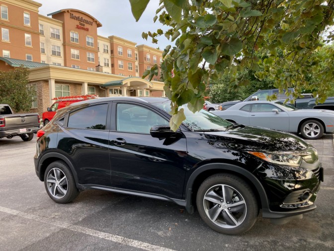 2021 Honda HR-V parked in front of Residence Inn hotel.