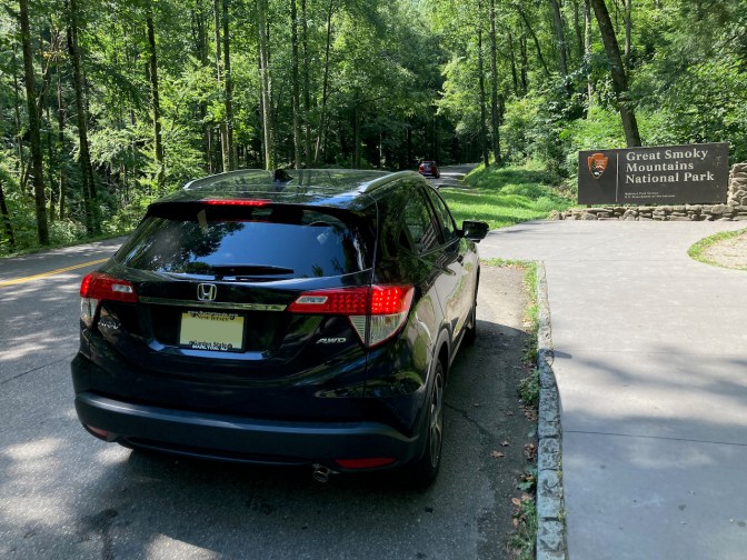2021 Honda HR-V parked by entrance to Great Smoky Mountains National Park.