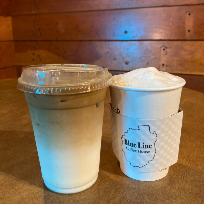 The Birch latte (left) and almond milk latte (right).