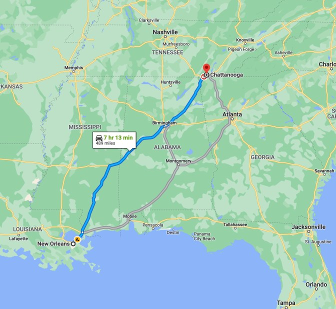 Map of southeastern United States, with blue route line running from New Orleans to Chattanooga, Tennessee.