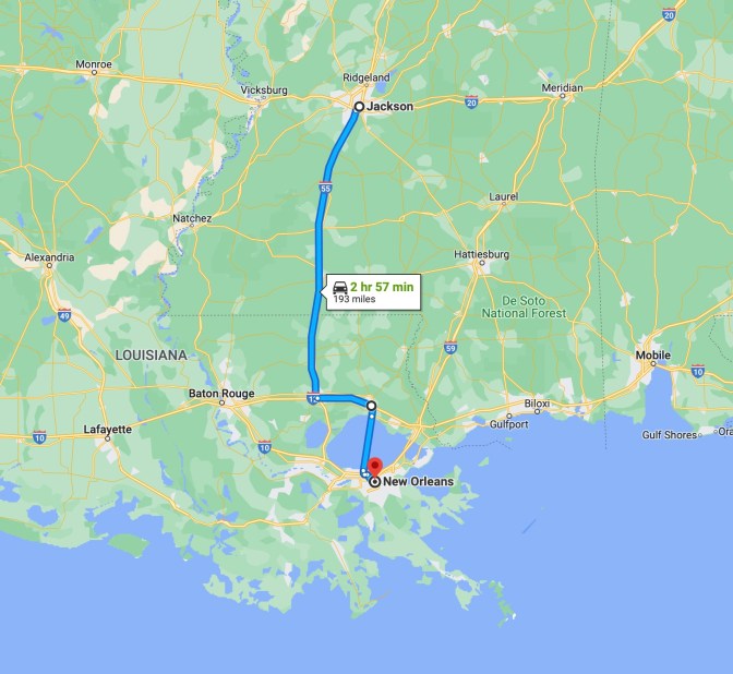 Map of Mississippi and Louisiana, with blue route running from Jackson MS to New Orleans LA.