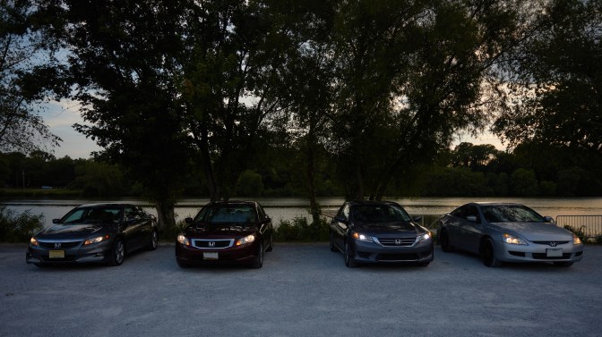 2012 Honda Accord, 2010 Honda Accord, 2015 Honda Accord, and 2003 Honda Accord parked in gravel lot.