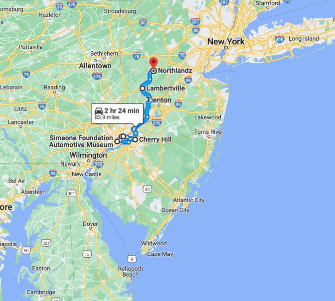 Map of New Jersey and Pennsylvania, with pins in location of Someone Automotive Foundation, Cherry Hill, Lambertville, and Northlandz.