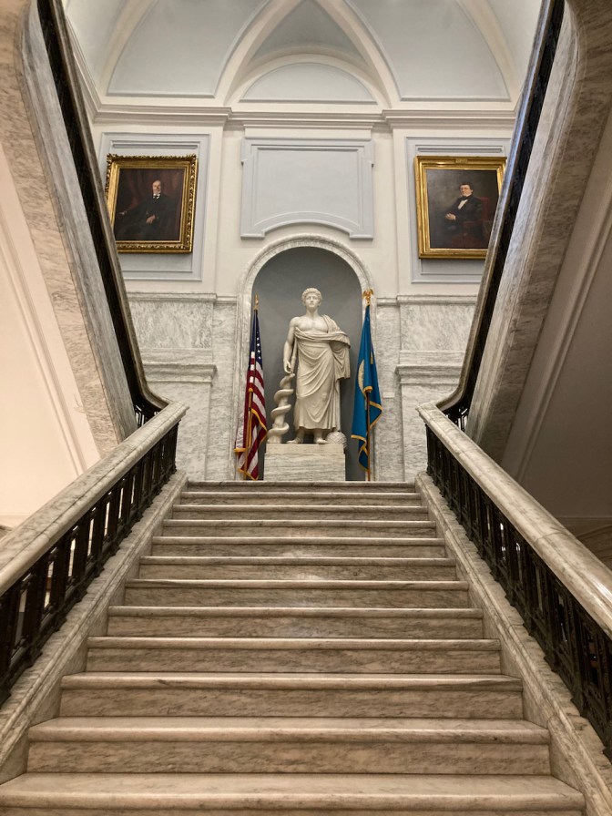 Stairs leading up to library.