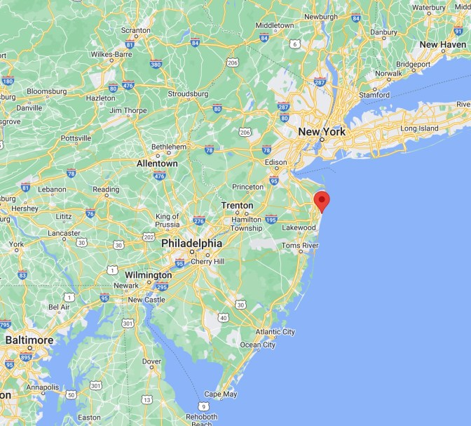 Map of New Jersey, with red pin in location of Asbury Park.