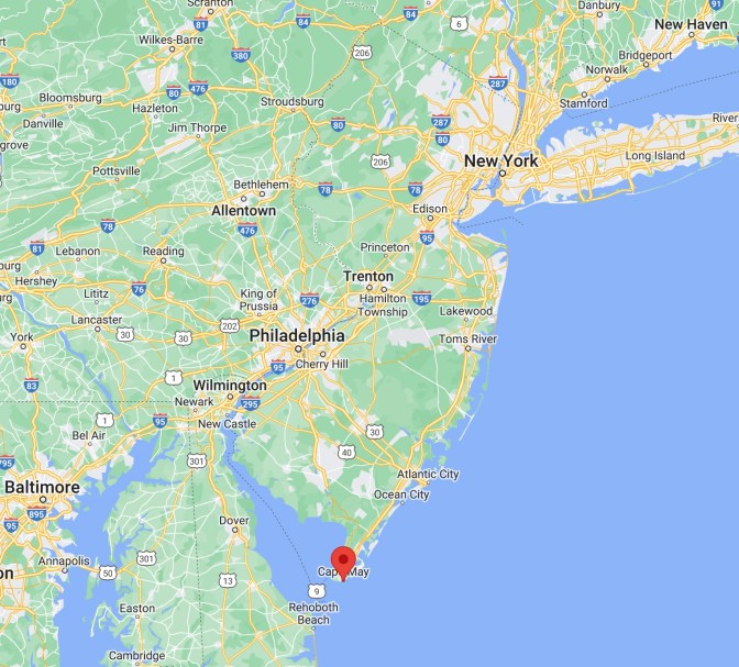 Map of New Jersey, with red pin in location of Cape May.