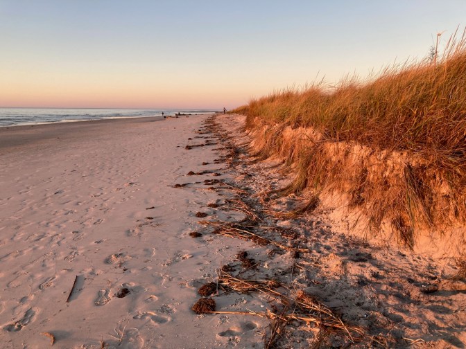 Eroded sand dunes by beach.
