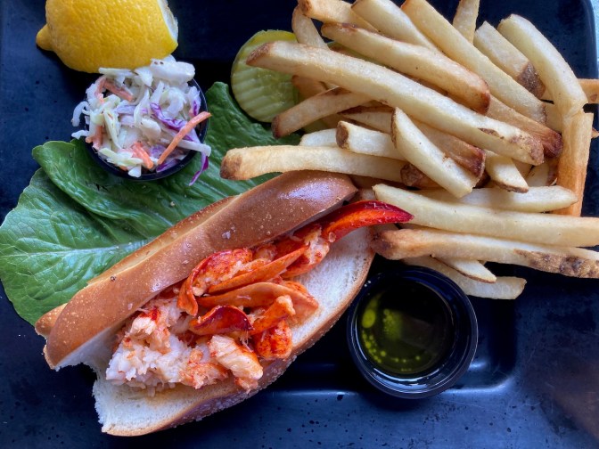Lobster roll and french fries on plate.