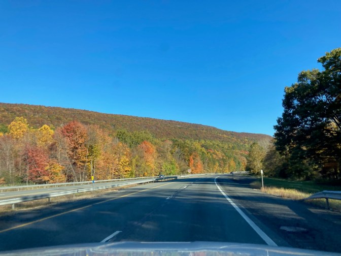 View of hills on either side of I-87, and the hills are covered by trees with leaves of varying colors.