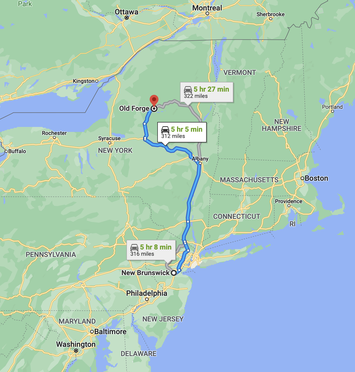 Map of New Jersey and New York, with blue route running from New Brunswick, New Jersey to Old Forge, NY.