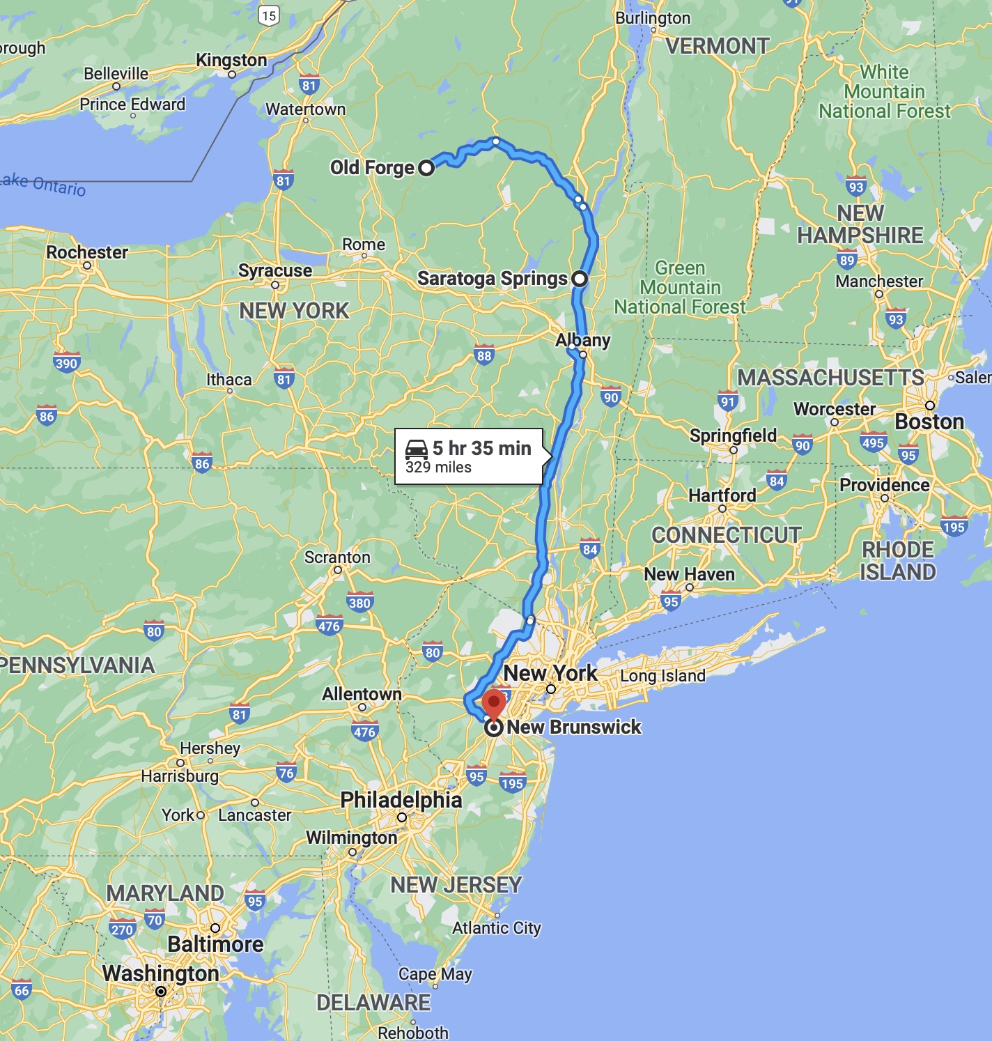 Map of New Jersey and New York, with route line running from Old Forge to Saratoga Springs to New Brunswick.