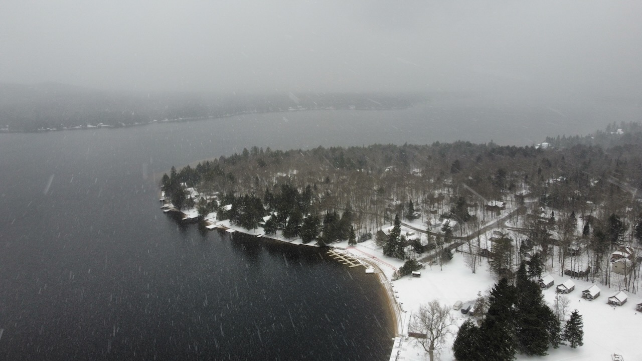 View of Fourth Lake in snow storm.