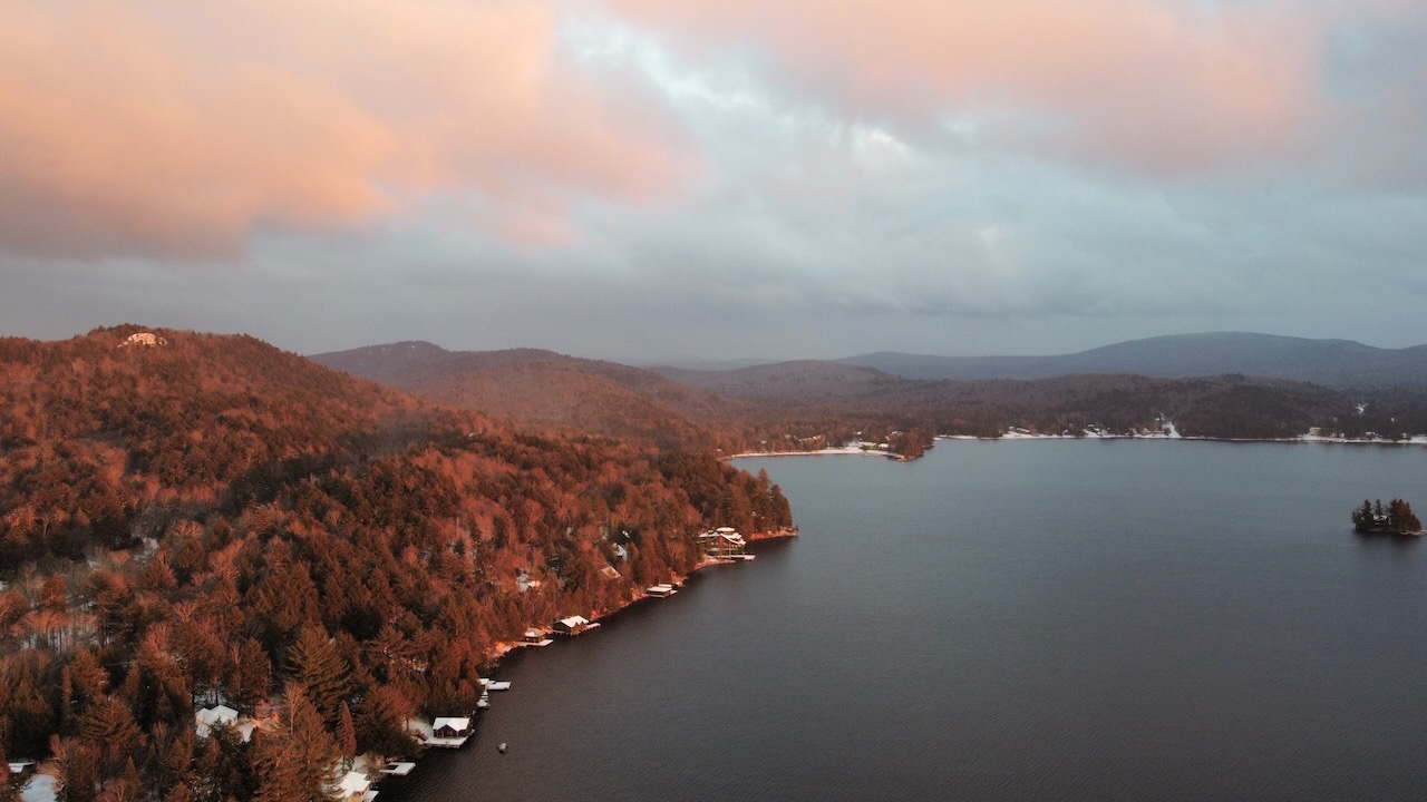 View of Fourth Lake and surrounding mountains.
