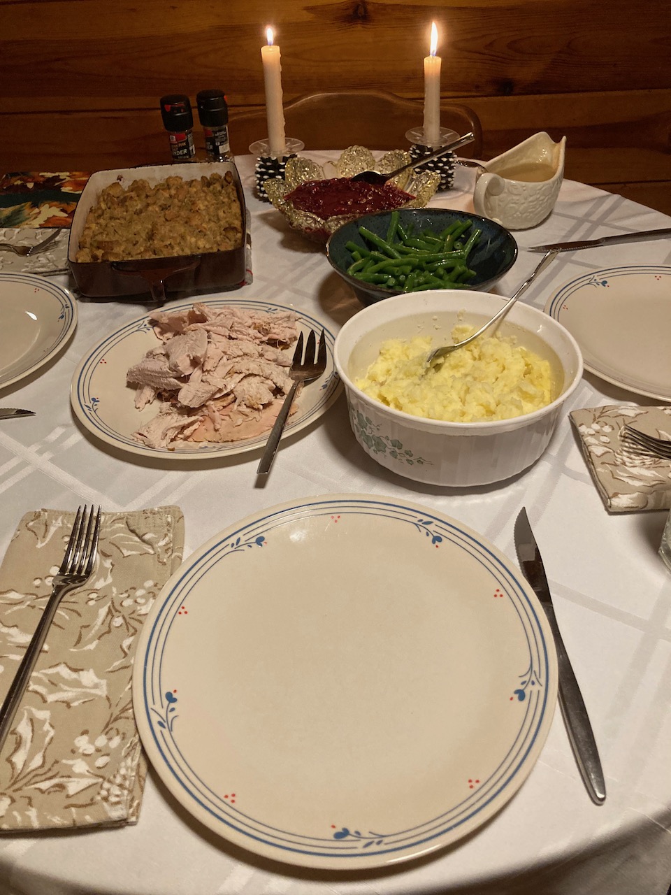 Thanksgiving dinner of turkey, mashed potatoes, string b Eans, cranberry sauce, and stuffing on table.