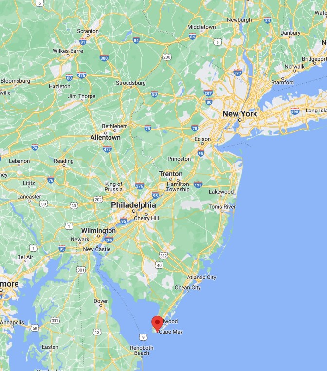 Map of New Jersey with red pin in location of Cape May.