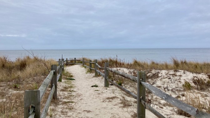 Path through sand dunes, leading to sea.