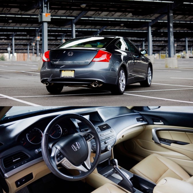 Split image - top: rear view of 2012 Honda Accord. Bottom: Interior of 2012 Honda Accord.