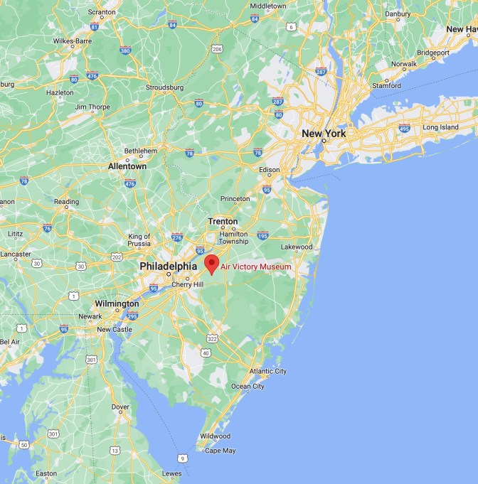 Map of New Jersey, with red pin in location of Air Victory Museum.