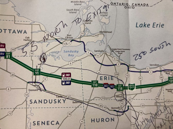 Map of central Ohio with hand-written directions.