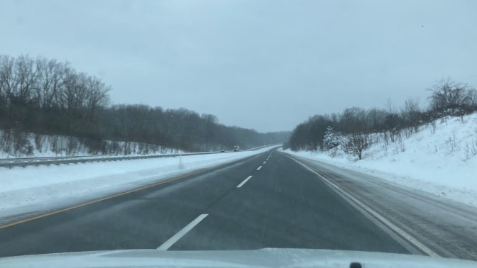 Indiana Toll Road, with snow on median and shoulders.