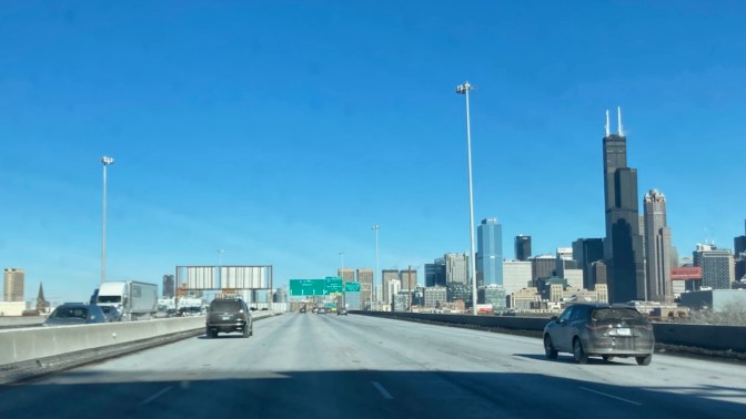 Chicago skyline along I-90.