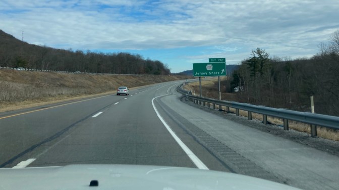 Sign for exit for Jersey Shore, Pennsylvania along I-80.