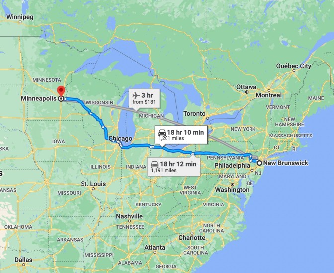 Map of eastern United States, with route running from New Jersey to Minneapolis, MN.