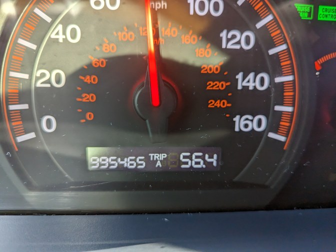 Car odometer reading 995465 TRIP A 56.4