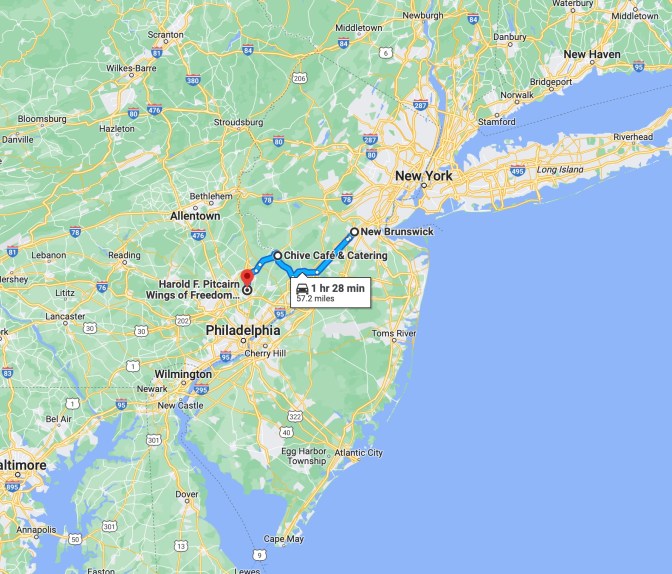 Map of New Jersey and eastern Pennsylvania, with blue route line running from New Brunswick, NJ to Horsham, PA.