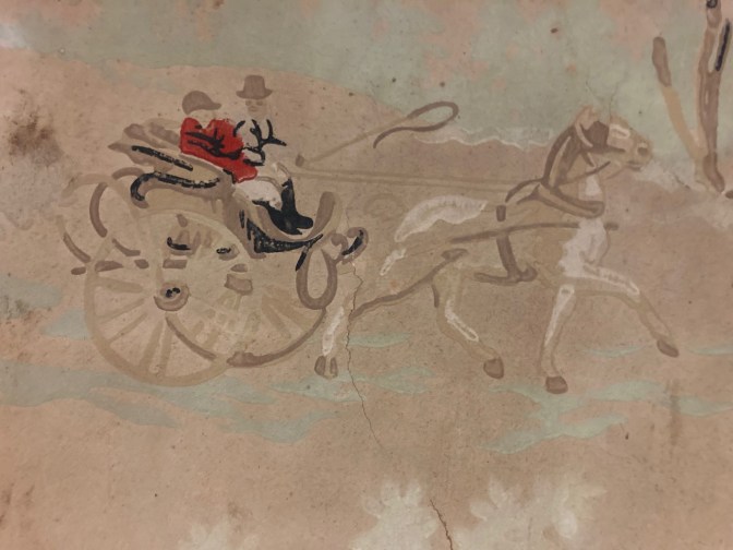 Wallpaper exposed, showing a man and woman riding in a horse-drawn carriage.