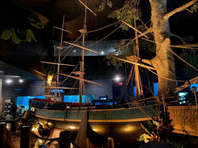 Mockup of sailing ship in aquarium.