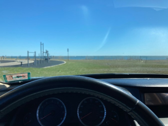 View of Bay Front Park from behind dashboard of 2012 Honda Accord.