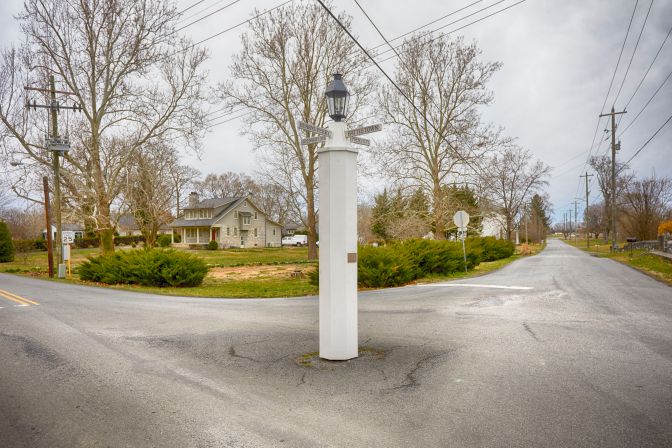 White post in road in White Post, VA.
